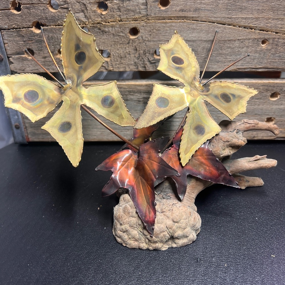 Vintage Mixed Metal Butterfly & Leaves Burl wood Sculpture MCM Brutalist Art